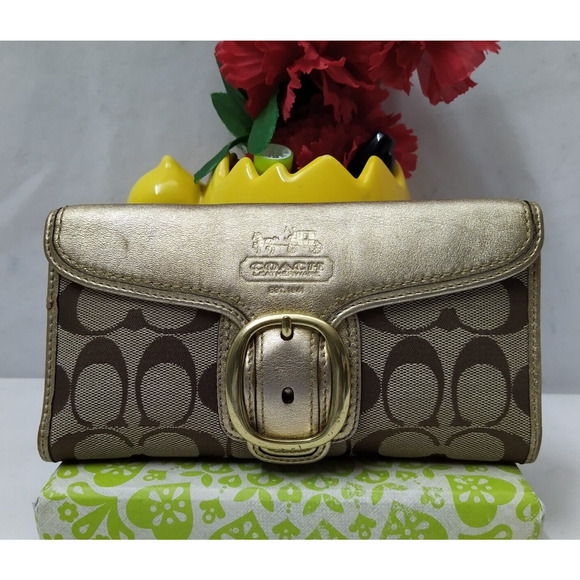 Coach Bleecker Signature Brown Canvas Gold Leather Buckle Trifold Wallet - Picture 1 of 15